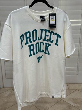 Under Armour Project Rock Cream Tee with Teal Graphic